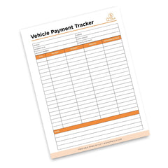 Vehicle Payment Tracker sheet on a gray background with product features listed below.