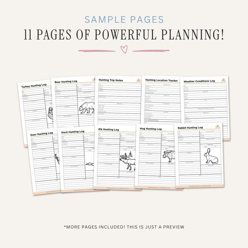 Hunting Logbook Planner printable hunting journal pages with trip tracking layouts