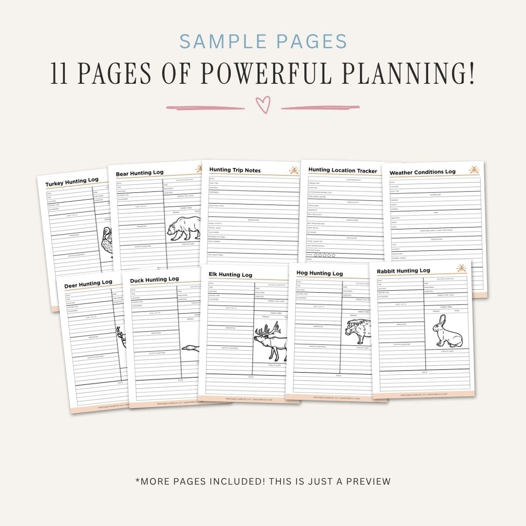 Hunting Logbook Planner printable hunting journal pages with trip tracking layouts
