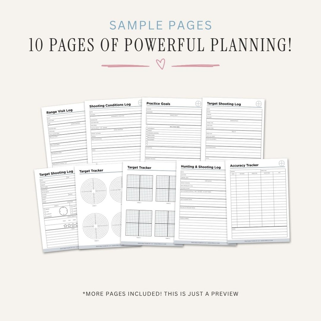 Shooting Practice Planner printable range log pages with shooting session tracking layouts
