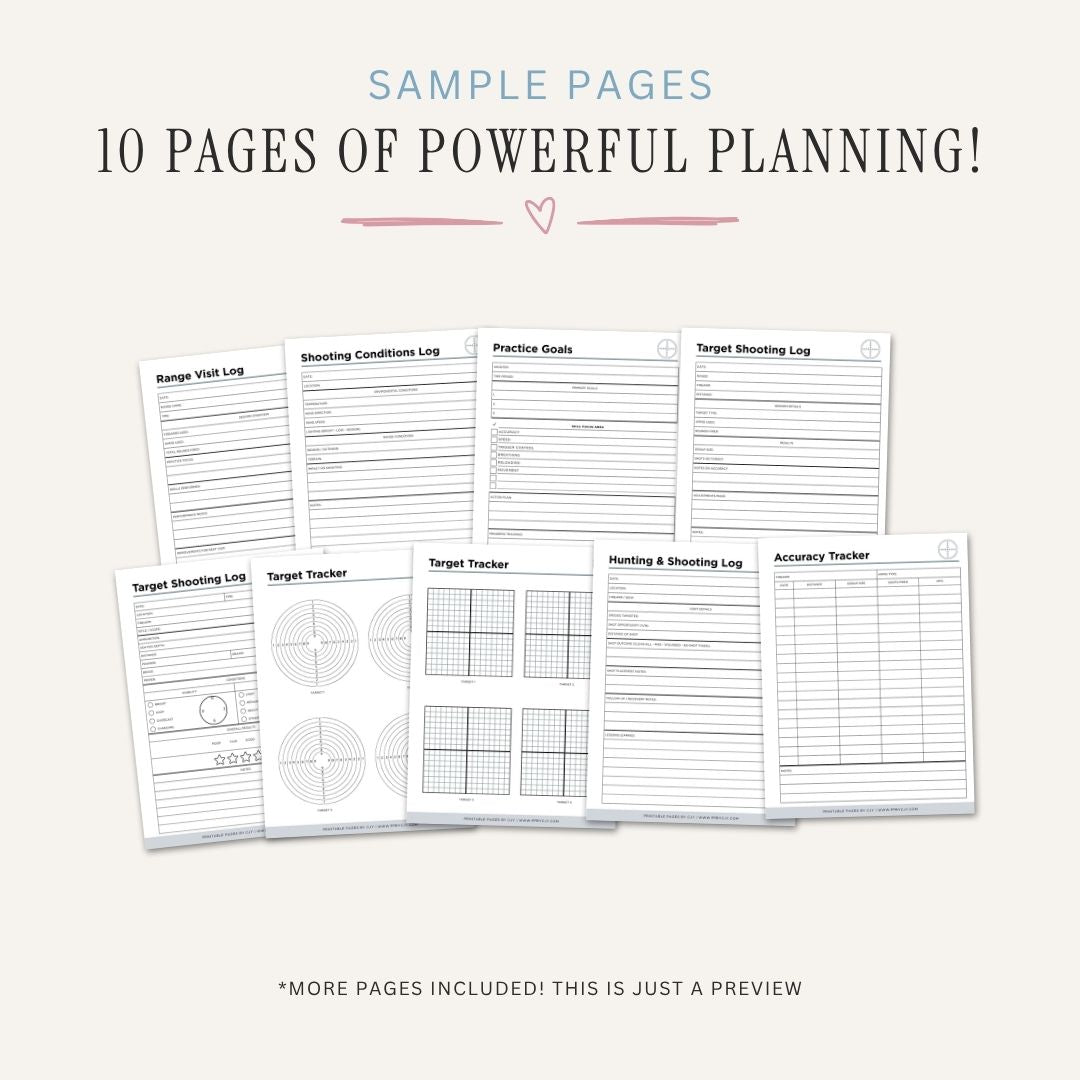 Shooting Practice Planner printable range log pages with shooting session tracking layouts
