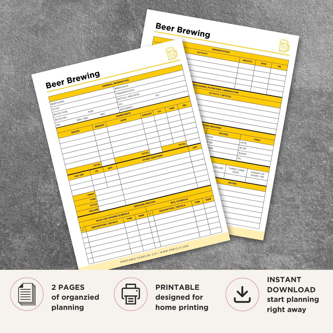 Beer Brewing Log Sheet printable homebrew recipe and fermentation tracker for brewing records and tasting notes
