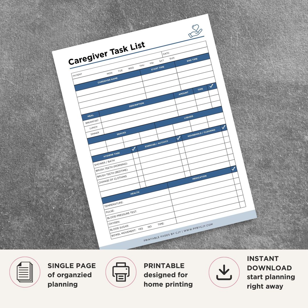 Caregiver Task List printable daily patient care checklist for meals medication hygiene and health monitoring