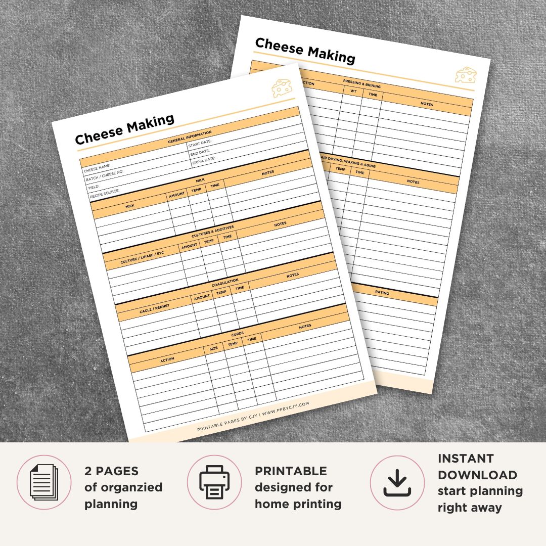 Cheese Making Planner printable cheesemaking log with batch records aging tracker curd notes and tasting evaluation
