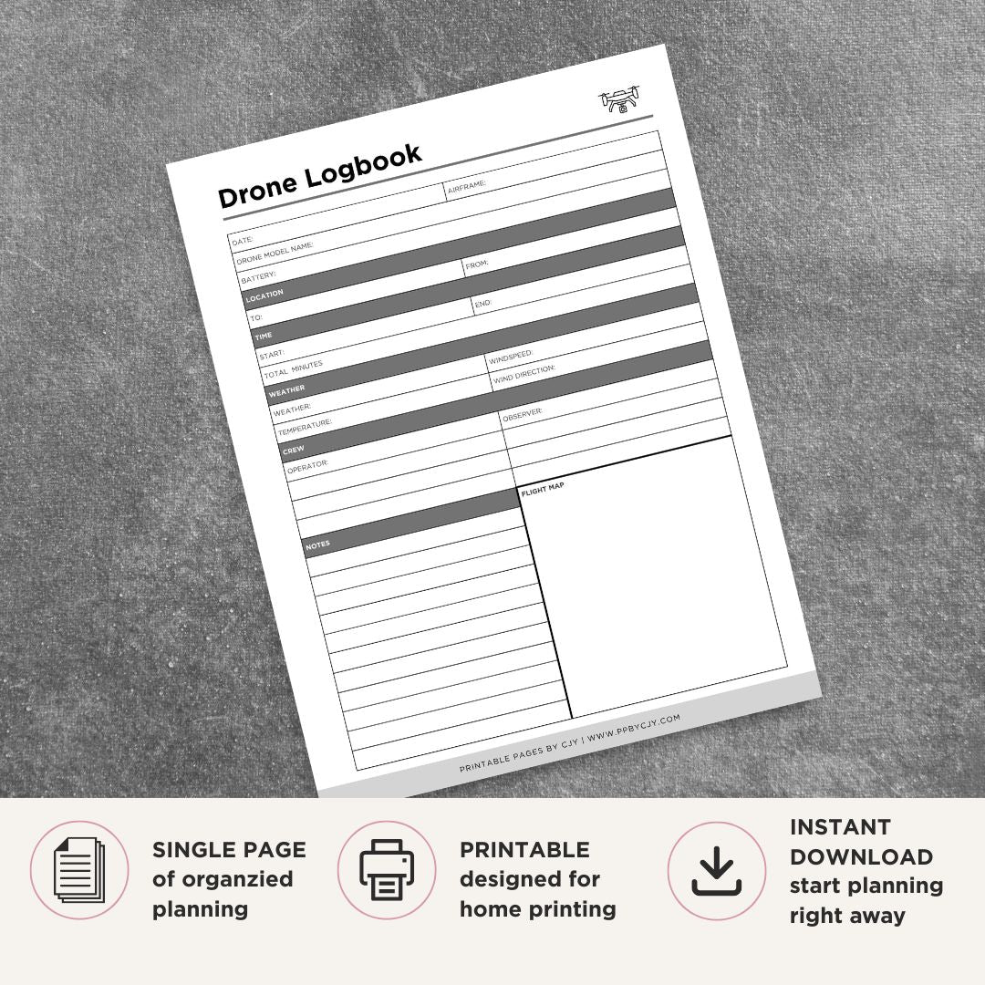 Drone Flight Log printable UAV flight record tracker with weather location battery and flight details
