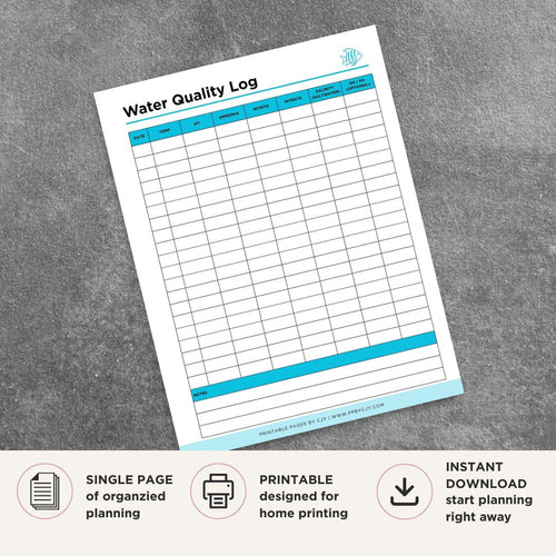 Aquarium Water Quality Log printable fish tank testing tracker for pH ammonia nitrite nitrate salinity and water parameters
