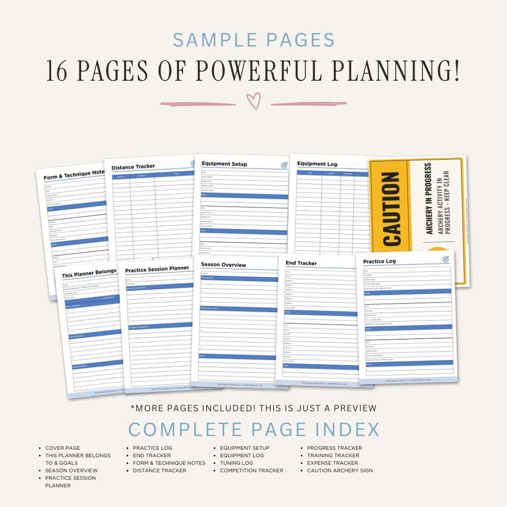 Printable Archery Planner featuring practice logs, training trackers, end score sheets, equipment records, competition tracking, tuning logs, and archery goal planning pages.
