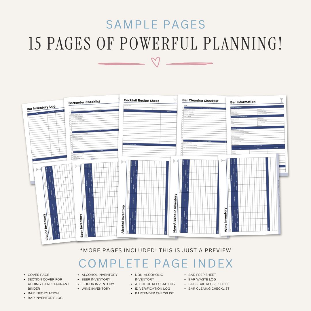 Bar and Alcohol Management Planner printable restaurant bar inventory and operations management bundle sample pages