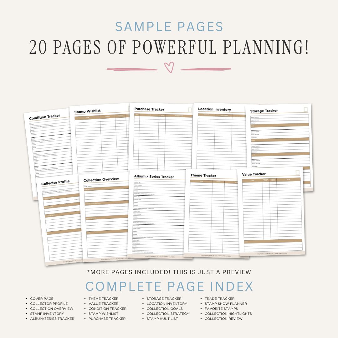 Printable Stamp Collecting Planner and Collection Log Bundle with stamp inventory, acquisition tracker, collection catalog, wish list, valuation log, trade records, and collection notes pages