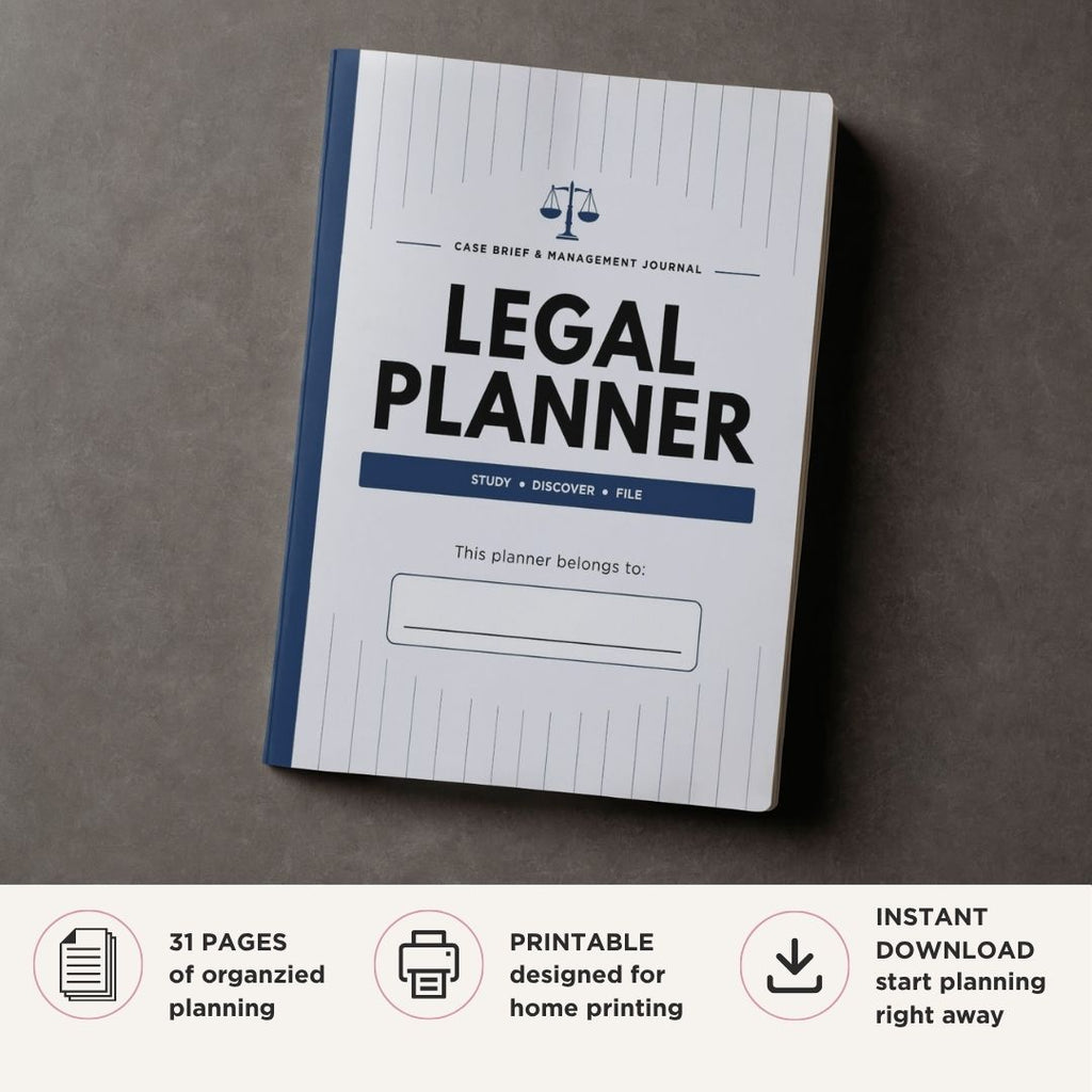 Printable Legal Case Management Planner with case tracking, court dates, attorney contacts, evidence logs, legal expenses, document inventory, witness records, communication logs, and case note.