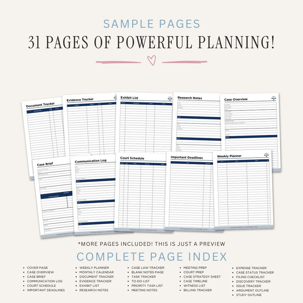 Printable Legal Case Management Planner with case tracking, court dates, attorney contacts, evidence logs, legal expenses, document inventory, witness records, communication logs, and case notes