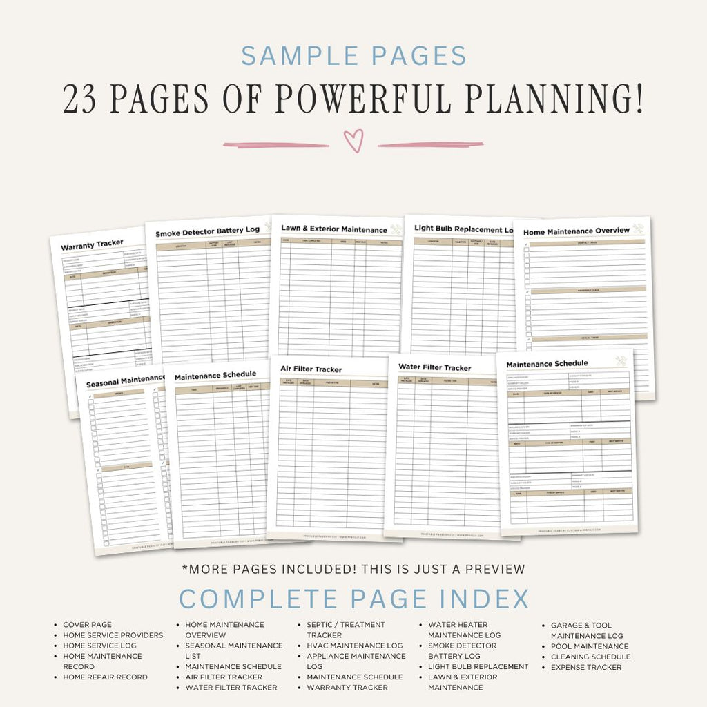 Printable Home Maintenance Planner featuring maintenance schedules, repair logs, appliance maintenance records, seasonal checklists, warranty tracking, and home upkeep organization pages.
