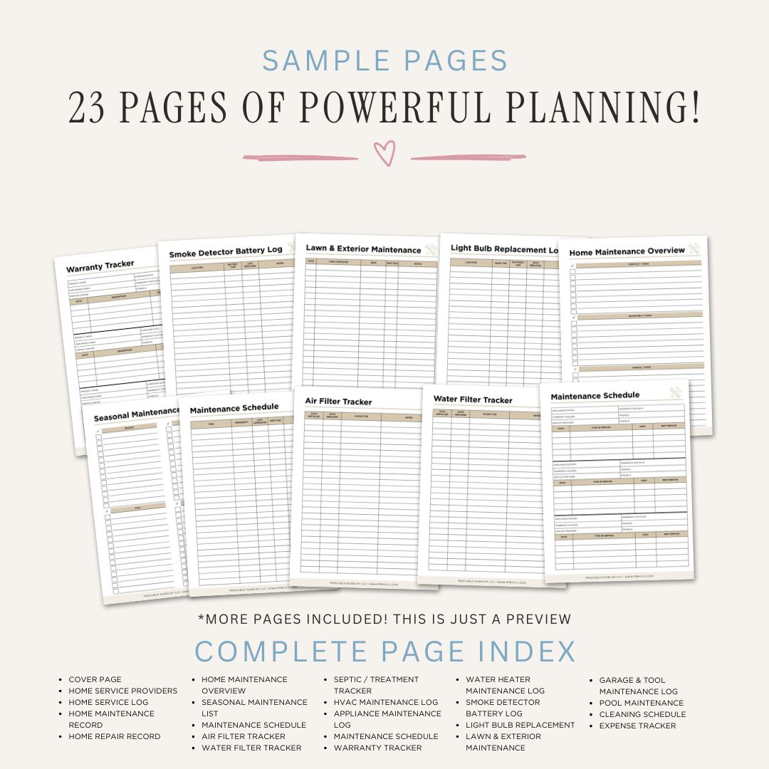 Printable Home Maintenance Planner featuring maintenance schedules, repair logs, appliance maintenance records, seasonal checklists, warranty tracking, and home upkeep organization pages.
