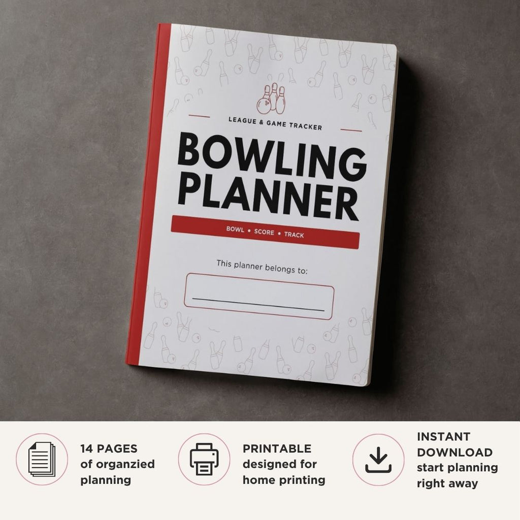 Printable Bowling Planner featuring score trackers, league schedules, practice logs, spare tracking pages, tournament records, equipment logs, and bowling performance worksheets.
