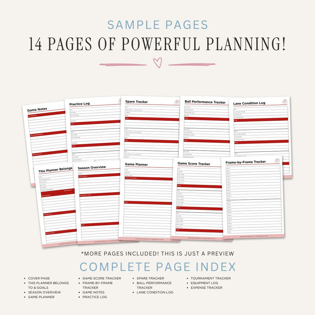 Printable Bowling Planner featuring score trackers, league schedules, practice logs, spare tracking pages, tournament records, equipment logs, and bowling performance worksheets.
