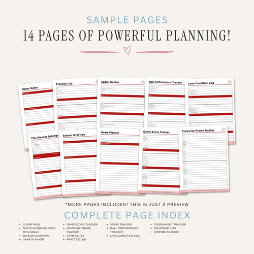 Printable Bowling Planner featuring score trackers, league schedules, practice logs, spare tracking pages, tournament records, equipment logs, and bowling performance worksheets.

