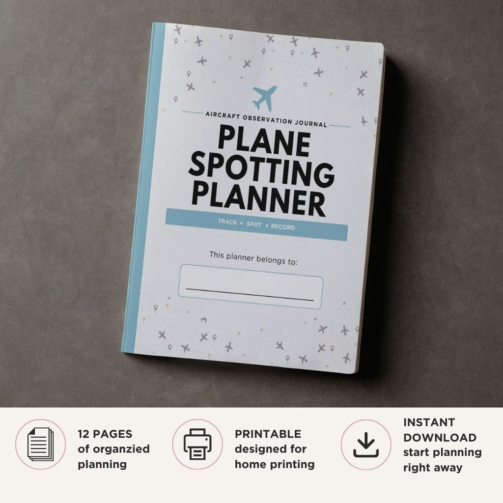 Printable Plane Spotting Planner featuring aircraft logs, airline trackers, spotting session planners, airport visit records, photography notes, weather logs, and aviation observation pages.
