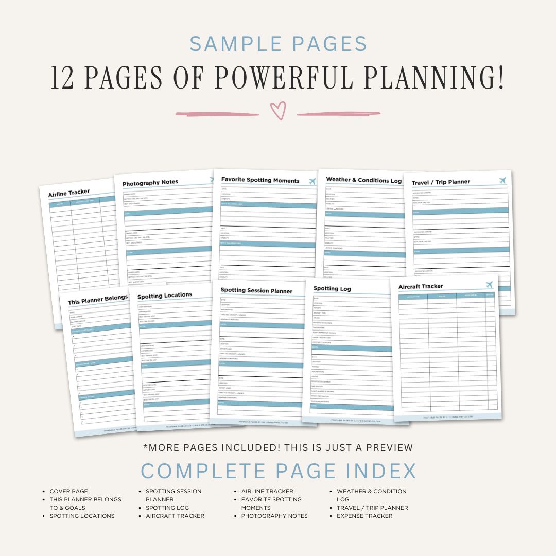 Printable Plane Spotting Planner featuring aircraft logs, airline trackers, spotting session planners, airport visit records, photography notes, weather logs, and aviation observation pages.
