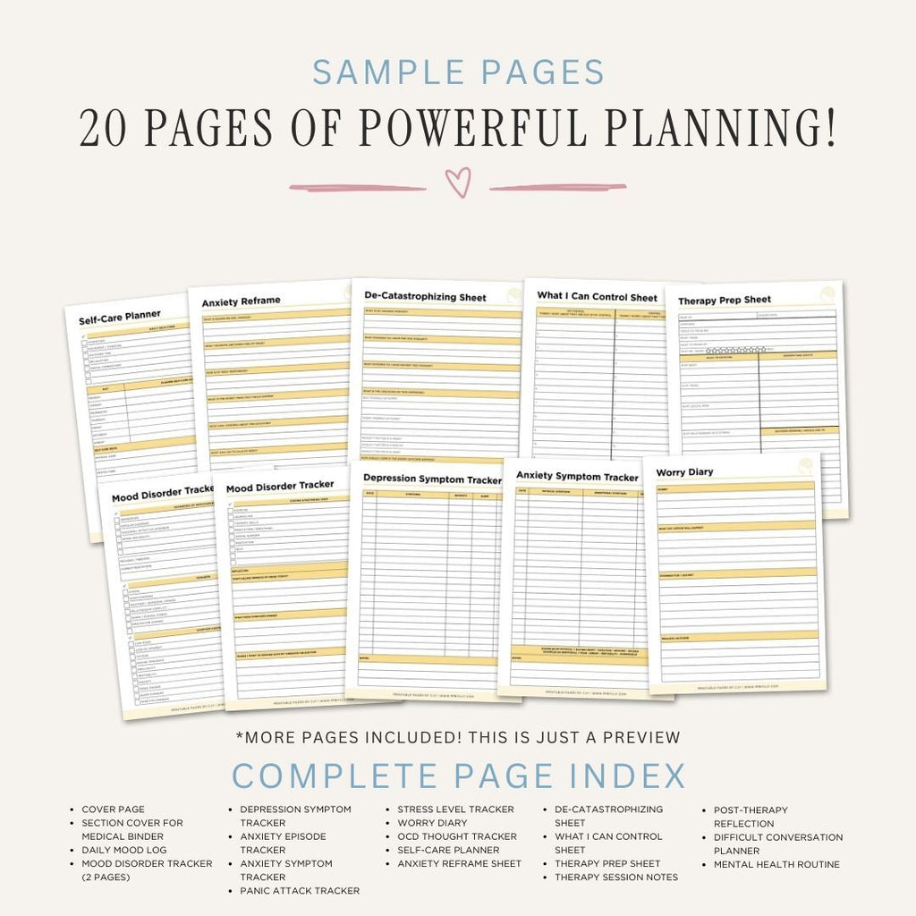 Mental Health and Wellness Planner printable mood and therapy tracker bundle for self care and emotional wellness tracking
