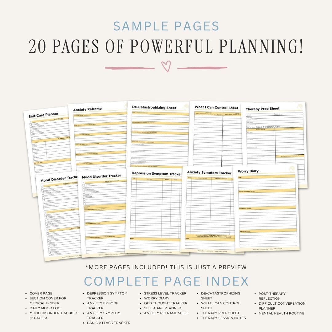 Mental Health and Wellness Planner printable mood and therapy tracker bundle for self care and emotional wellness tracking
