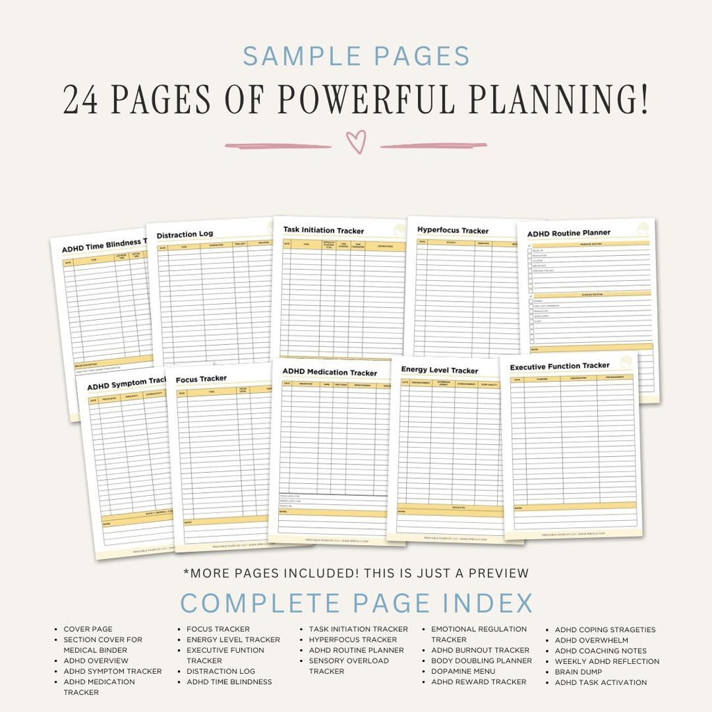 ADHD Planner printable ADHD organization tool bundle for focus tracking routines and symptom management
