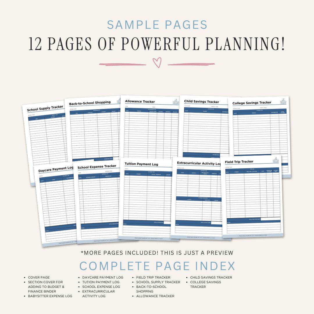 Childcare and Education Finances Planner printable for daycare tuition school expenses savings and student budgeting