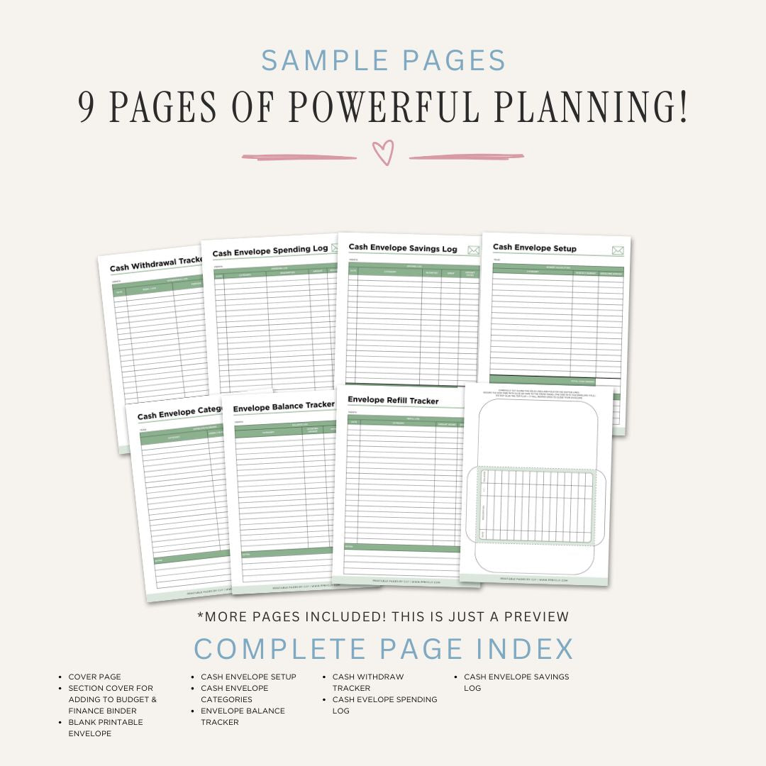 Cash Envelope System Planner printable cash budgeting tracker with spending logs envelope balances and savings tracking
