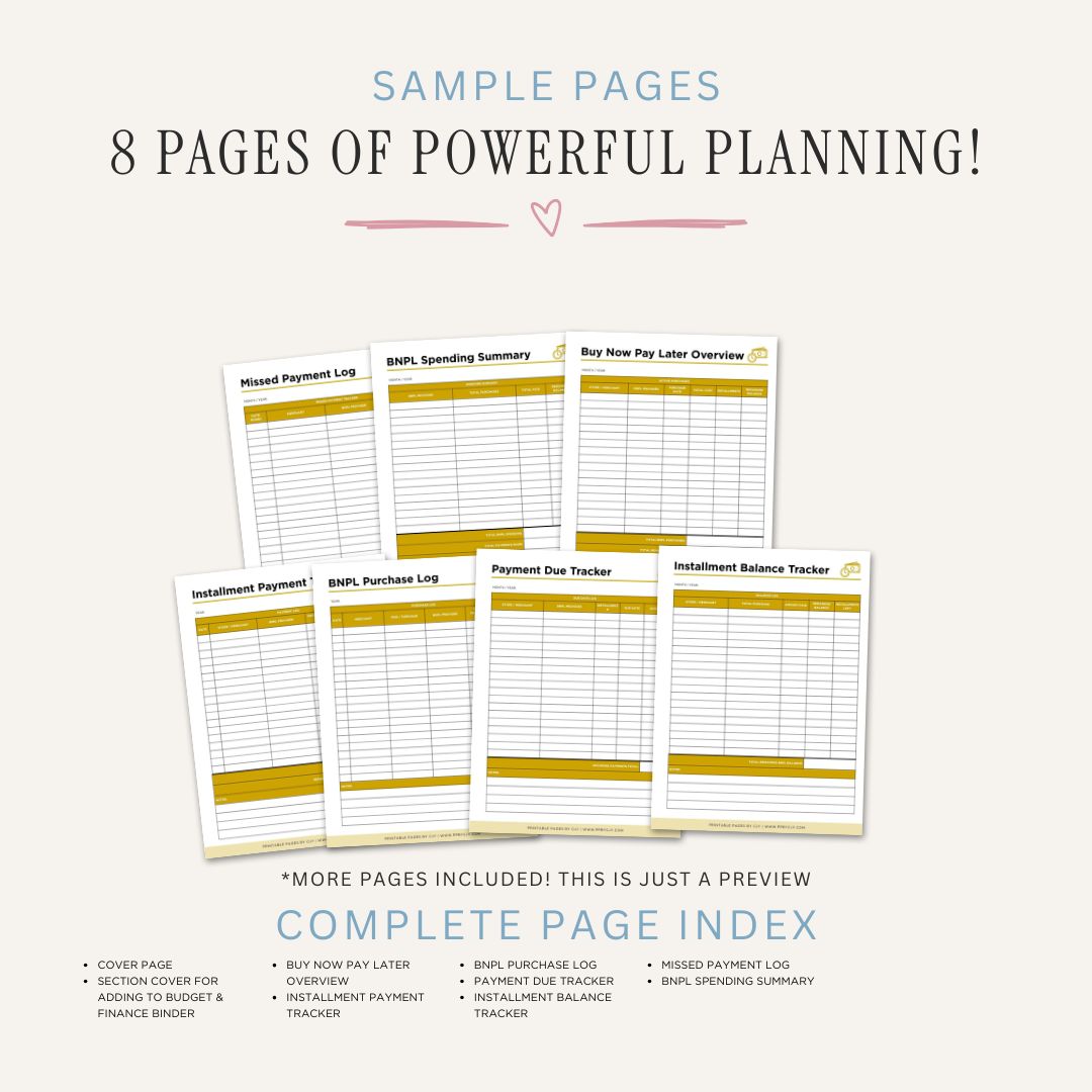 Buy Now Pay Later Planner printable BNPL payment tracker for installments balances due dates and purchase management

