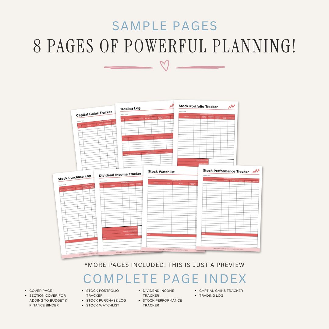 Stock Portfolio Planner printable investment tracker with dividend income logs watchlist trading journal and stock performance tracking
