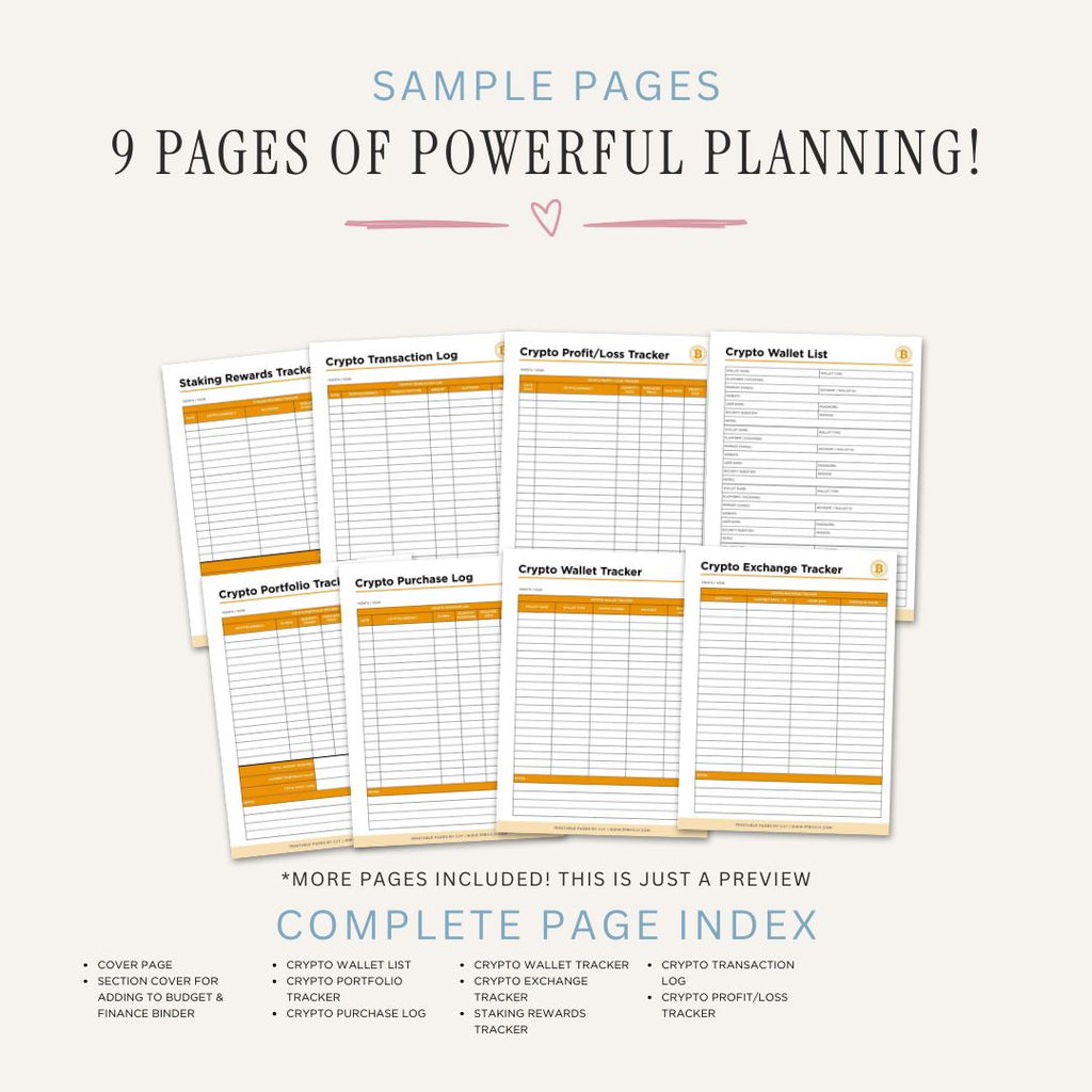 Cryptocurrency Planner printable crypto portfolio tracker with wallet logs transaction tracking staking rewards and profit loss records
