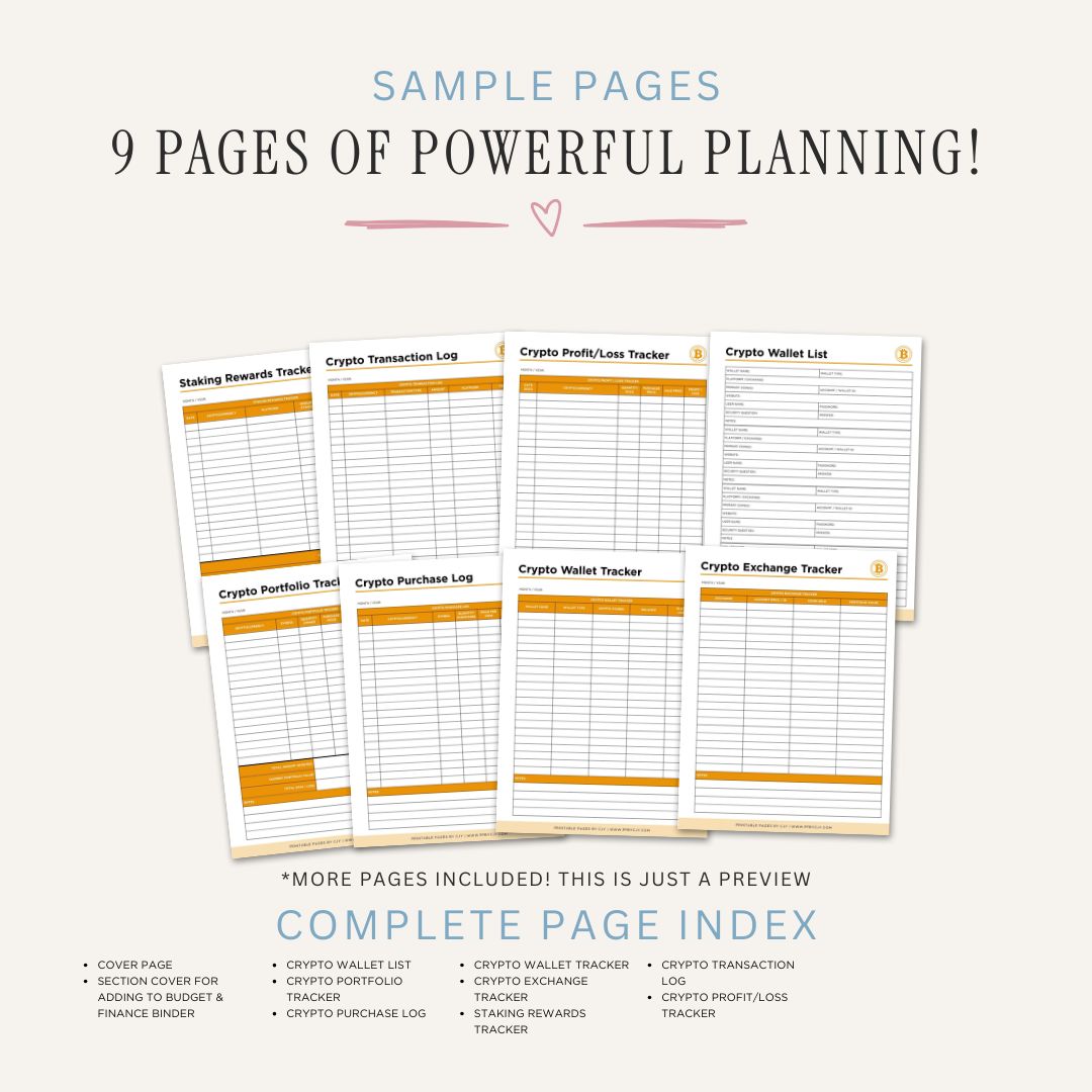 Cryptocurrency Planner printable crypto portfolio tracker with wallet logs transaction tracking staking rewards and profit loss records
