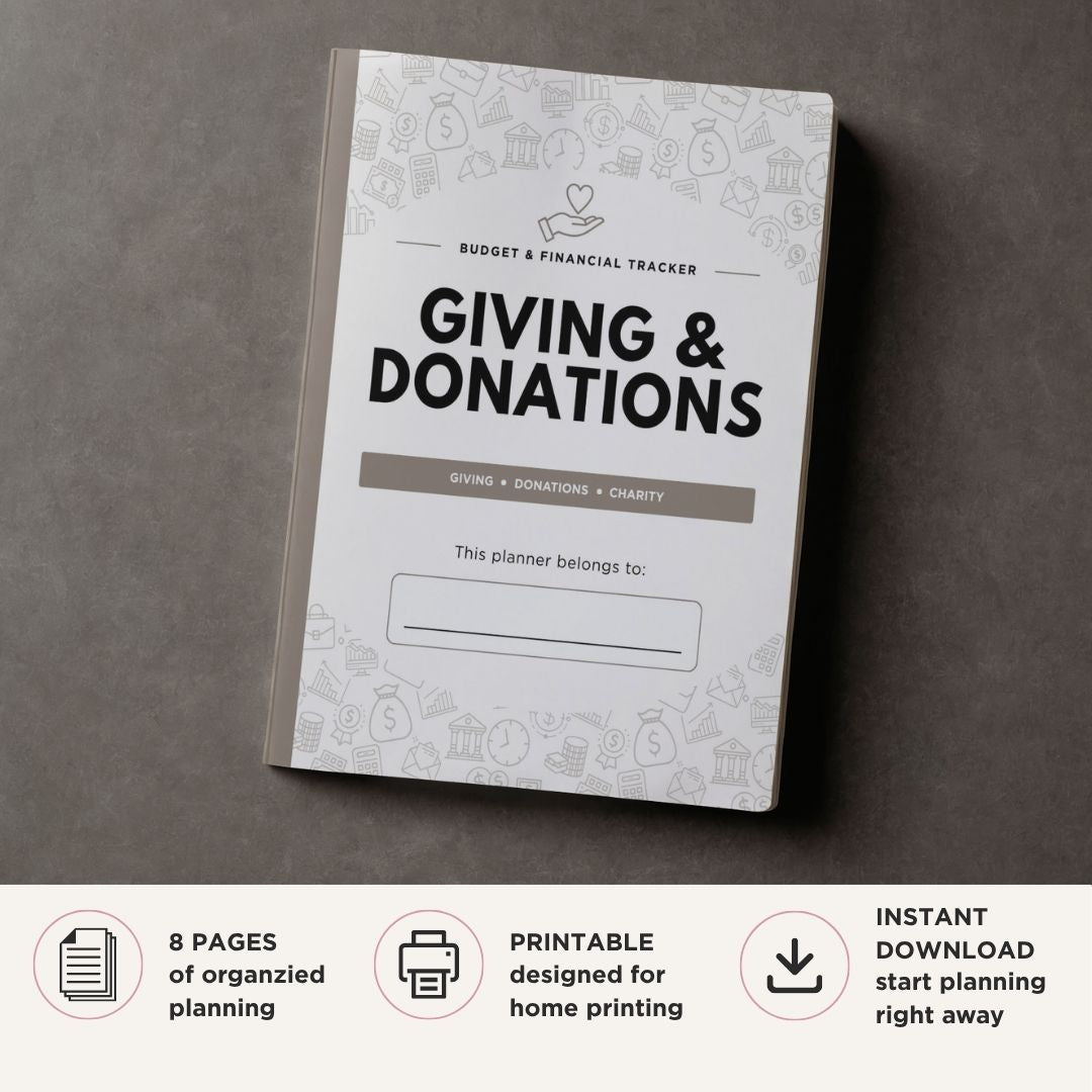 Giving and Donations Planner printable charity tracker with donation logs volunteer hours fundraising records and giving goals
