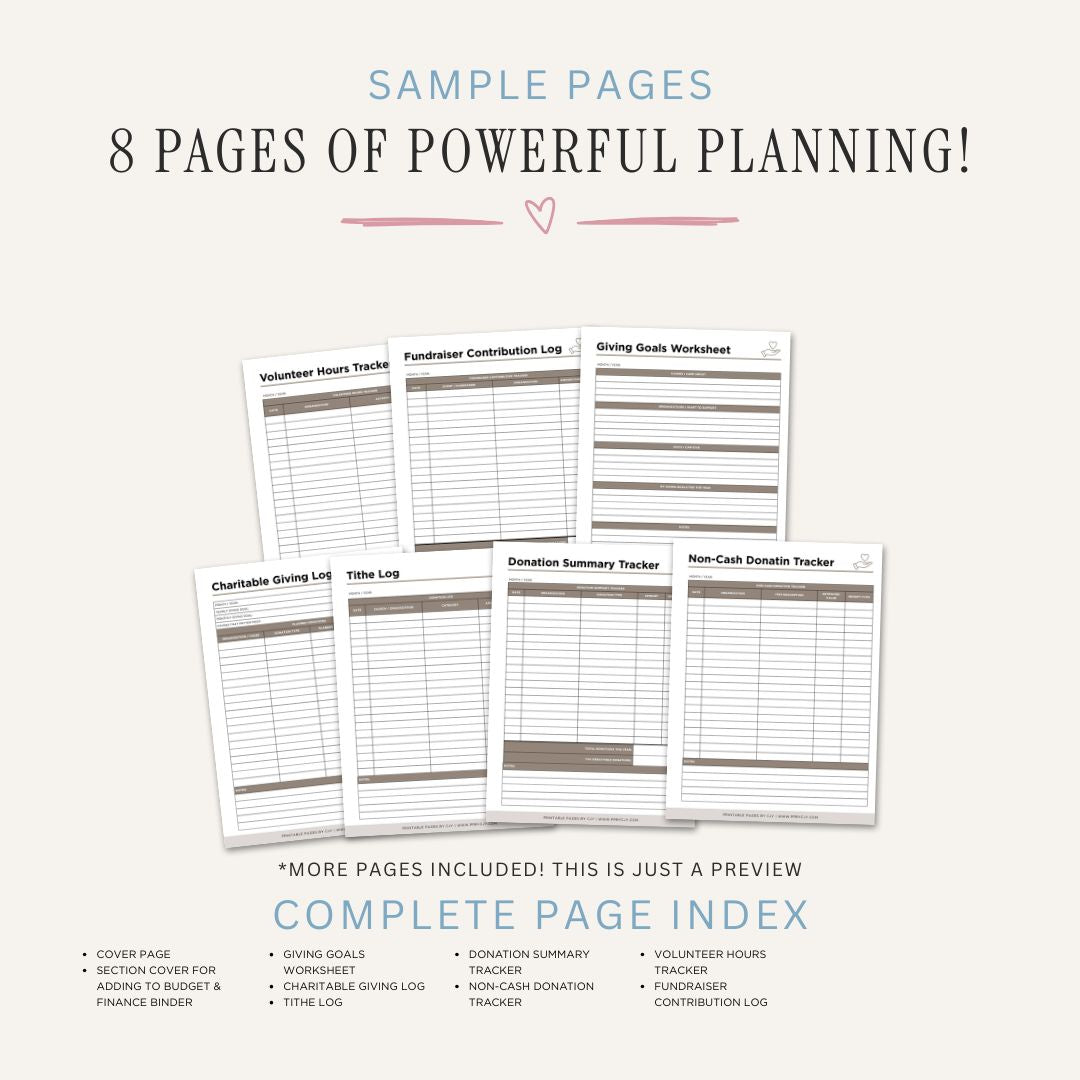 Giving and Donations Planner printable charity tracker with donation logs volunteer hours fundraising records and giving goals
