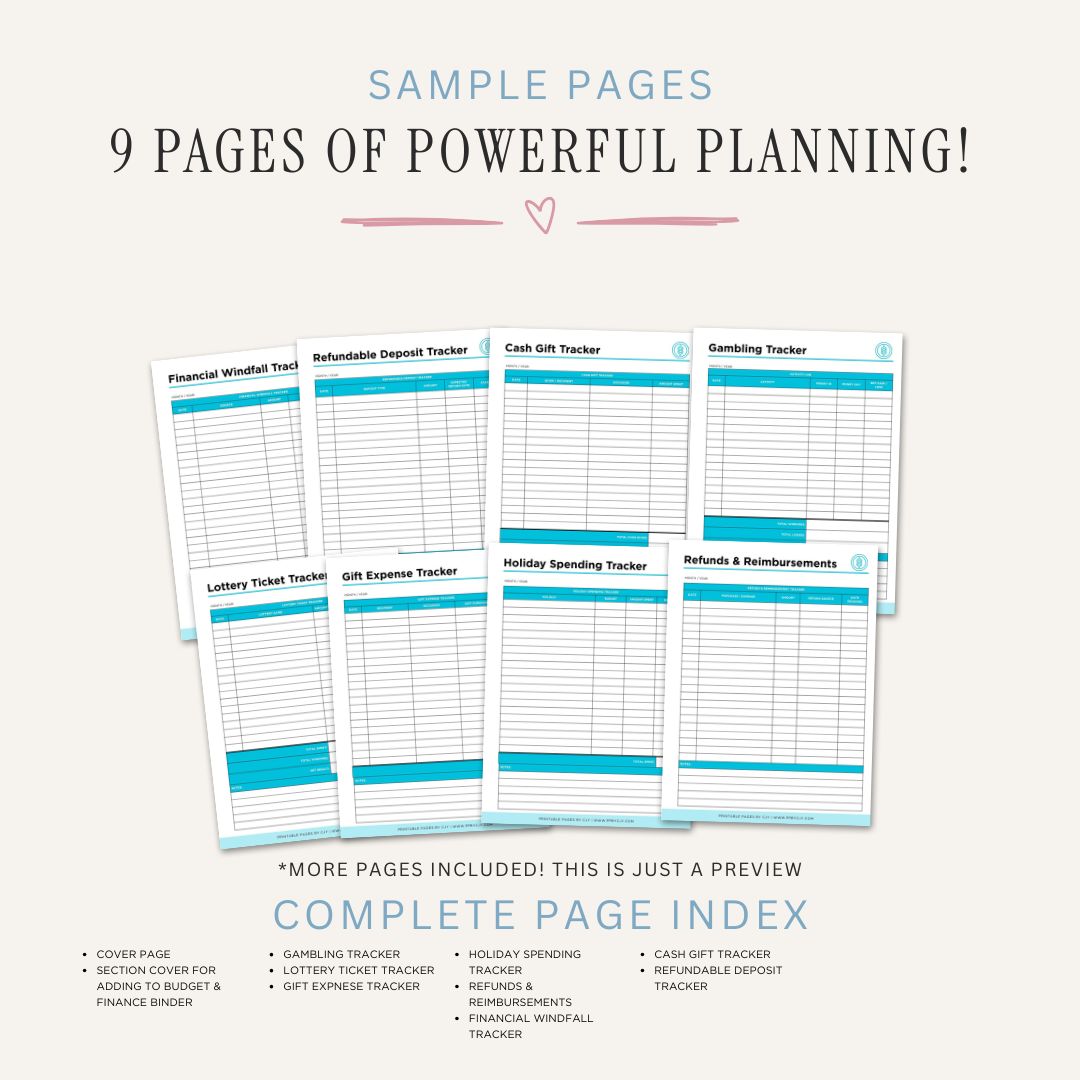 Specialty Financial Tracking Planner printable for unique expenses refunds gifts gambling lottery and financial record keeping
