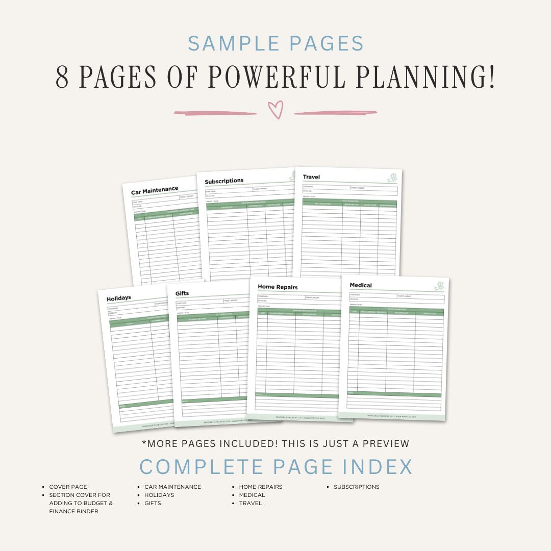 Sinking Funds Planner printable savings tracker for travel holidays gifts home repairs medical expenses and budgeting goals