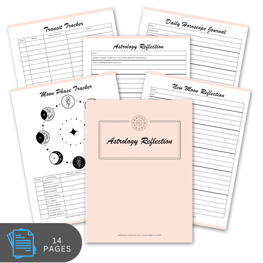 Set of astrology reflection pages with a pink cover on a white background