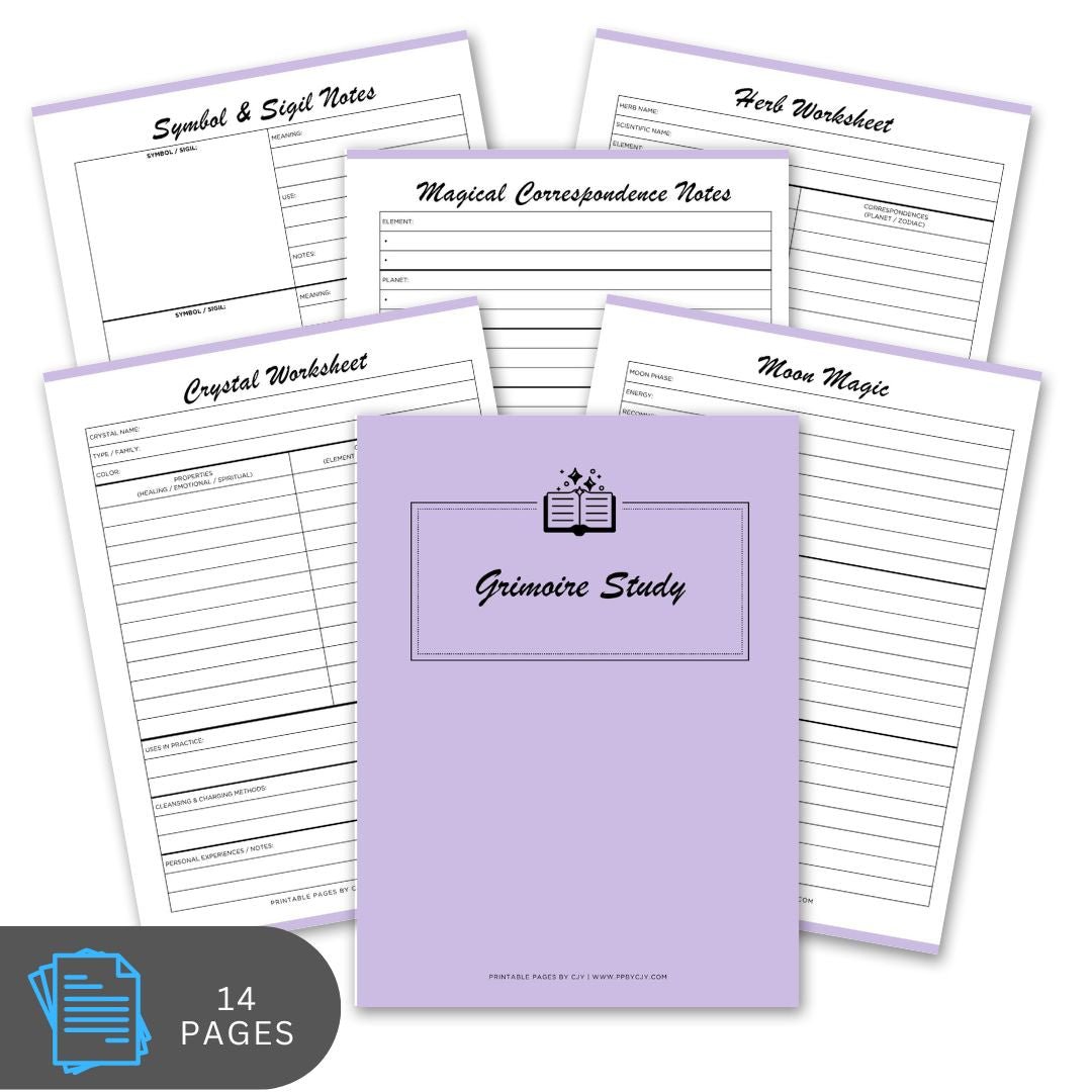 Set of magical study worksheets with a purple notebook titled 'Grimoire Study'.
