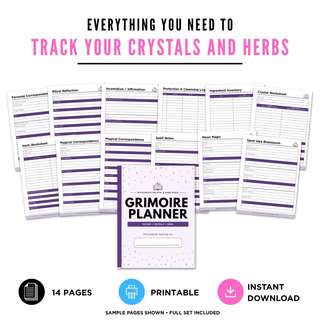 Grimoire Planner Witchcraft Crystal & Herb Magic Journal Bundle spell log page
