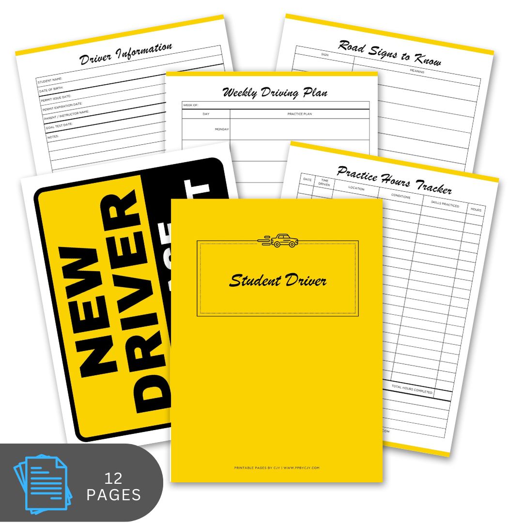 Yellow notebook with driver education pages and a 'New Driver' sign on a white background