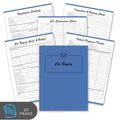 Blue notebook cover with car buying worksheets on a white background