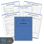 Blue notebook cover with car buying worksheets on a white background