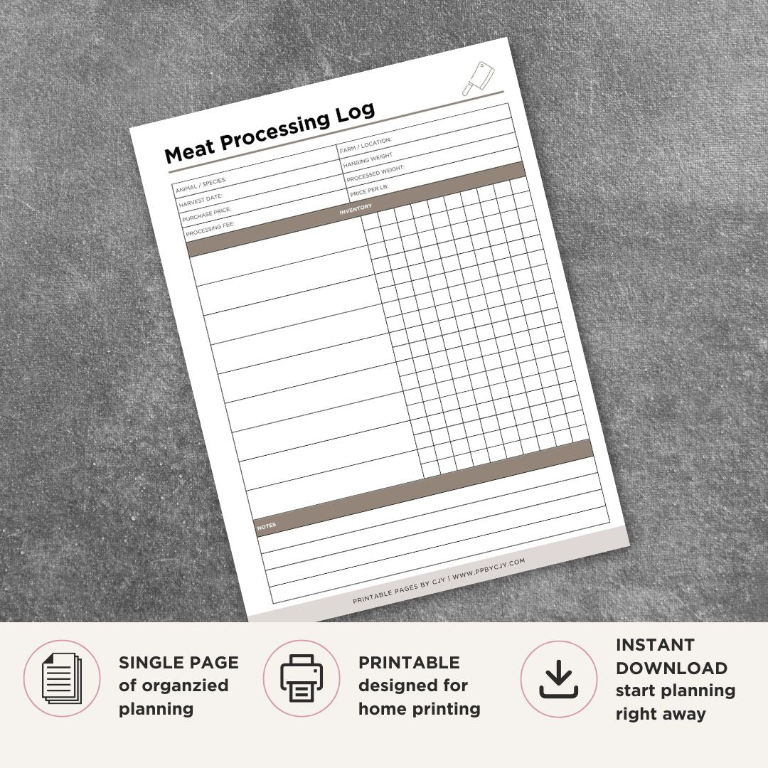 Meat Processing Log printable farm and butchering tracker for cuts weights storage and processing records