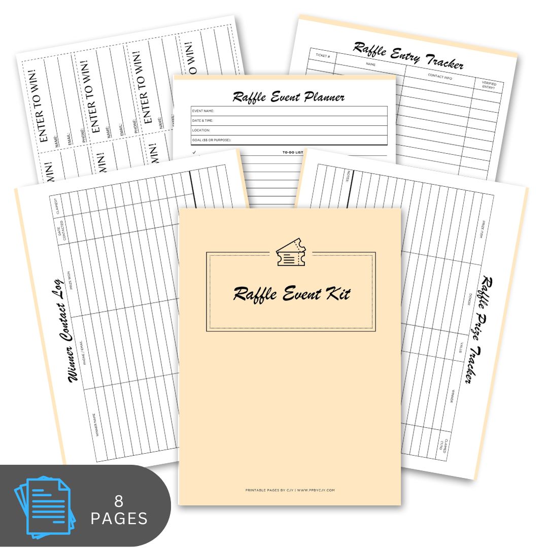 Event Raffle Ticket Planner - 8 Page Fundraiser Bundle