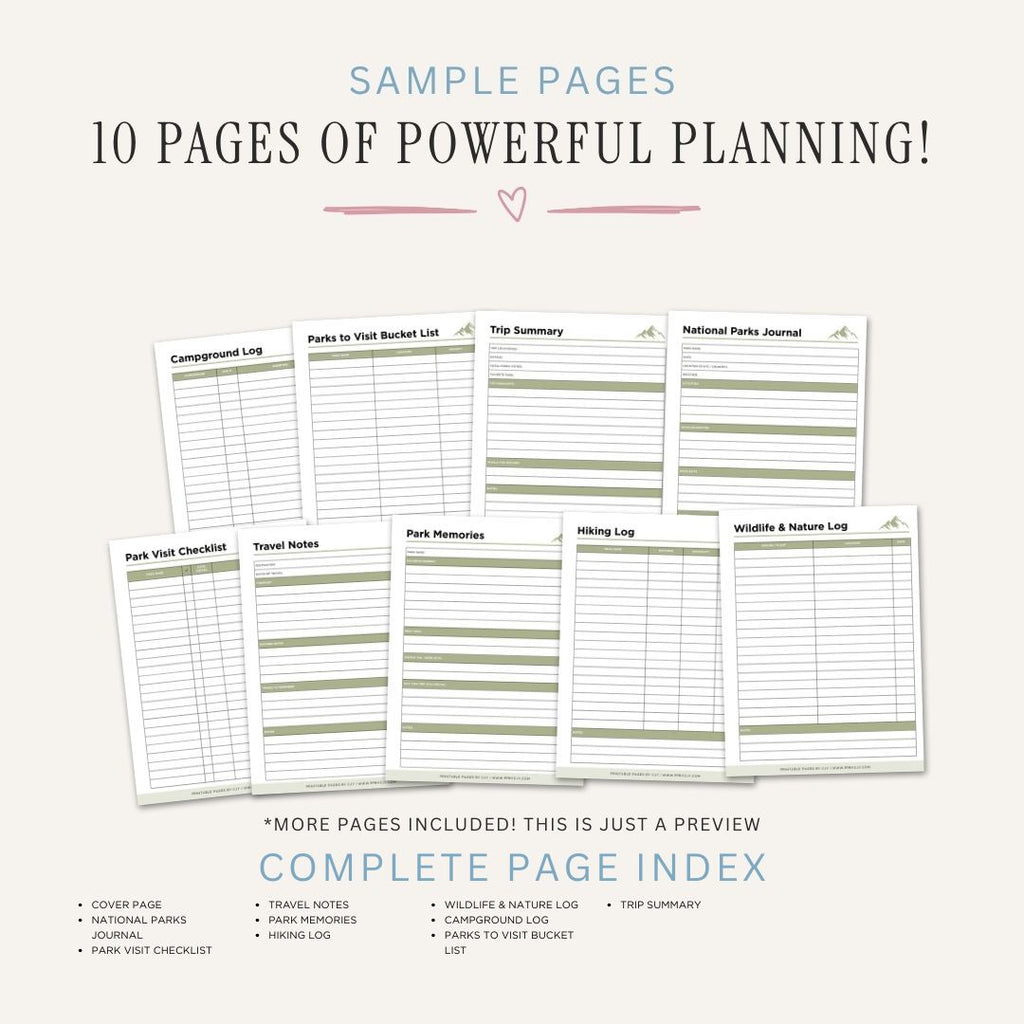 National Parks Journal Travel Memory Log Bundle travel journal sample pages
