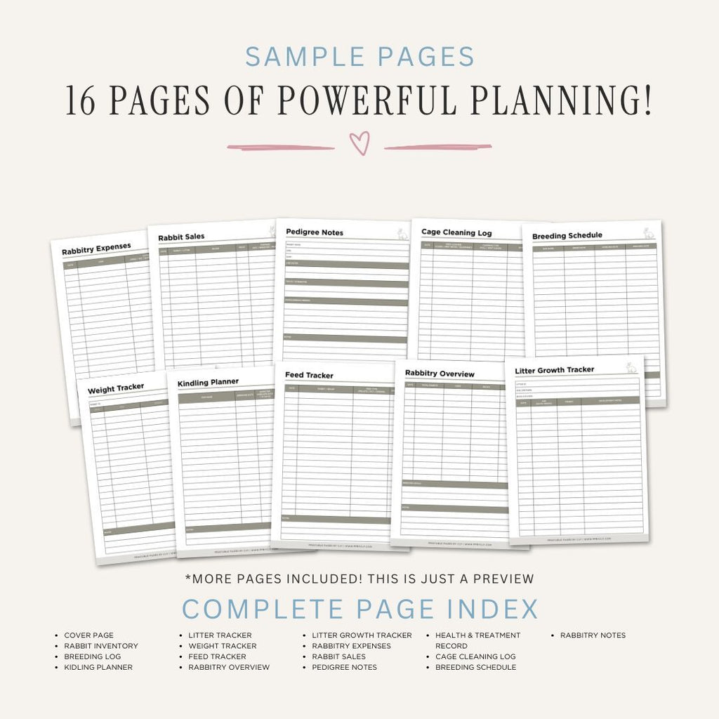 Rabbitry Planner printable kindling and litter management bundle for rabbit breeding and care tracking
