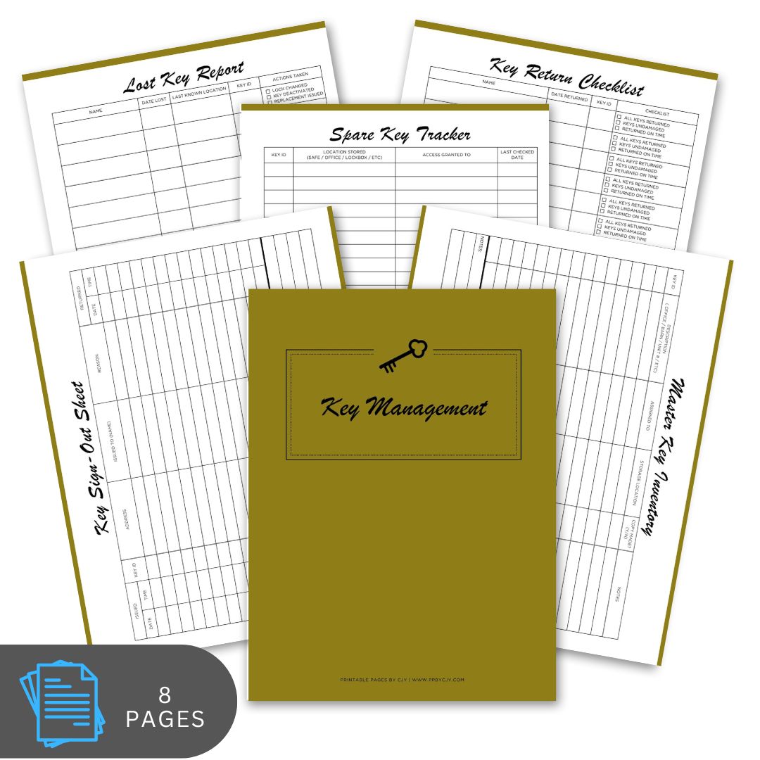 Key management document set with a green cover on a white background