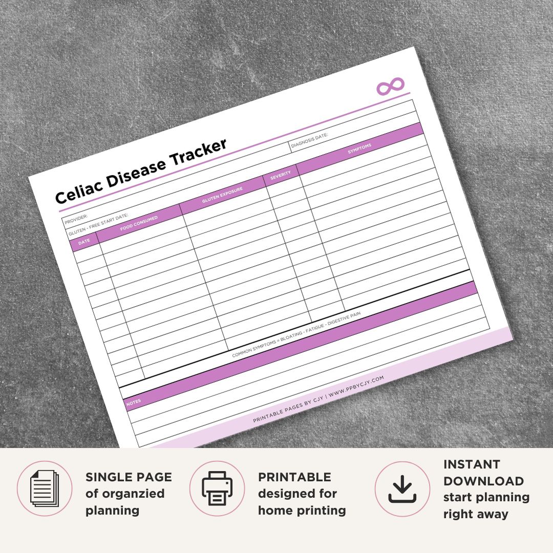 Celiac Disease Tracker Gluten Exposure & Symptom Log Printable meal log page