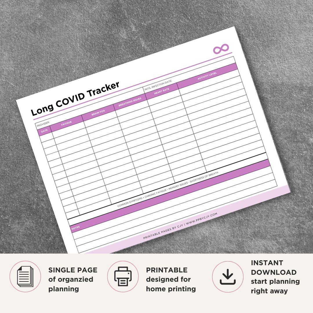 Long COVID Tracker Post-COVID Symptom Monitoring Log Printable symptom log page