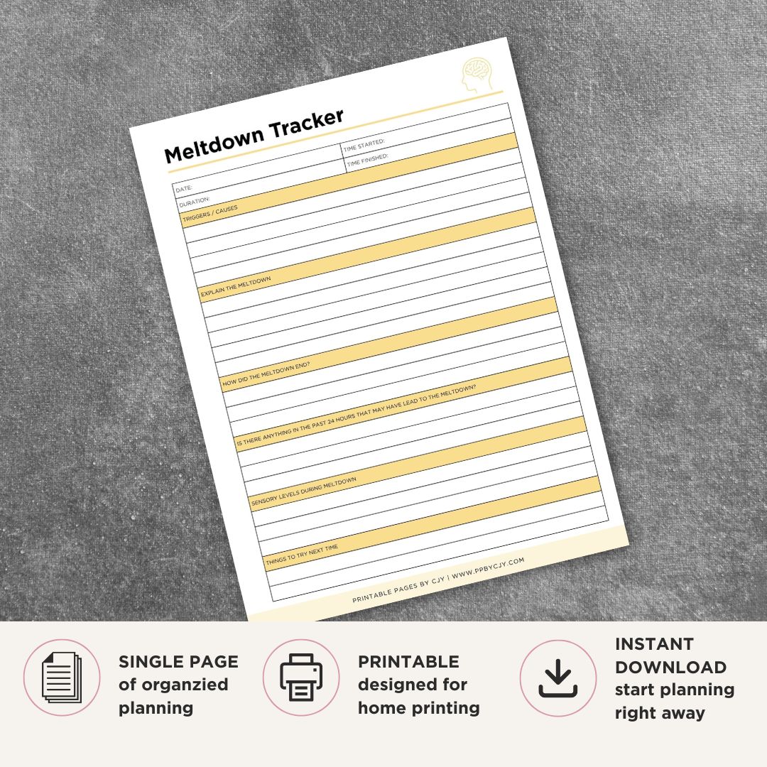 Meltdown Log Printable Behavior Episode Tracker behavior log page
