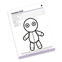 Printable Voodoo Doll worksheet with pin color key intention prompts and spell planning notes

